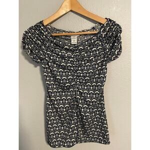 Max Studio Shirt Womens XS Navy White Abstract Ruched Puff Sleeve Stretch Y2K